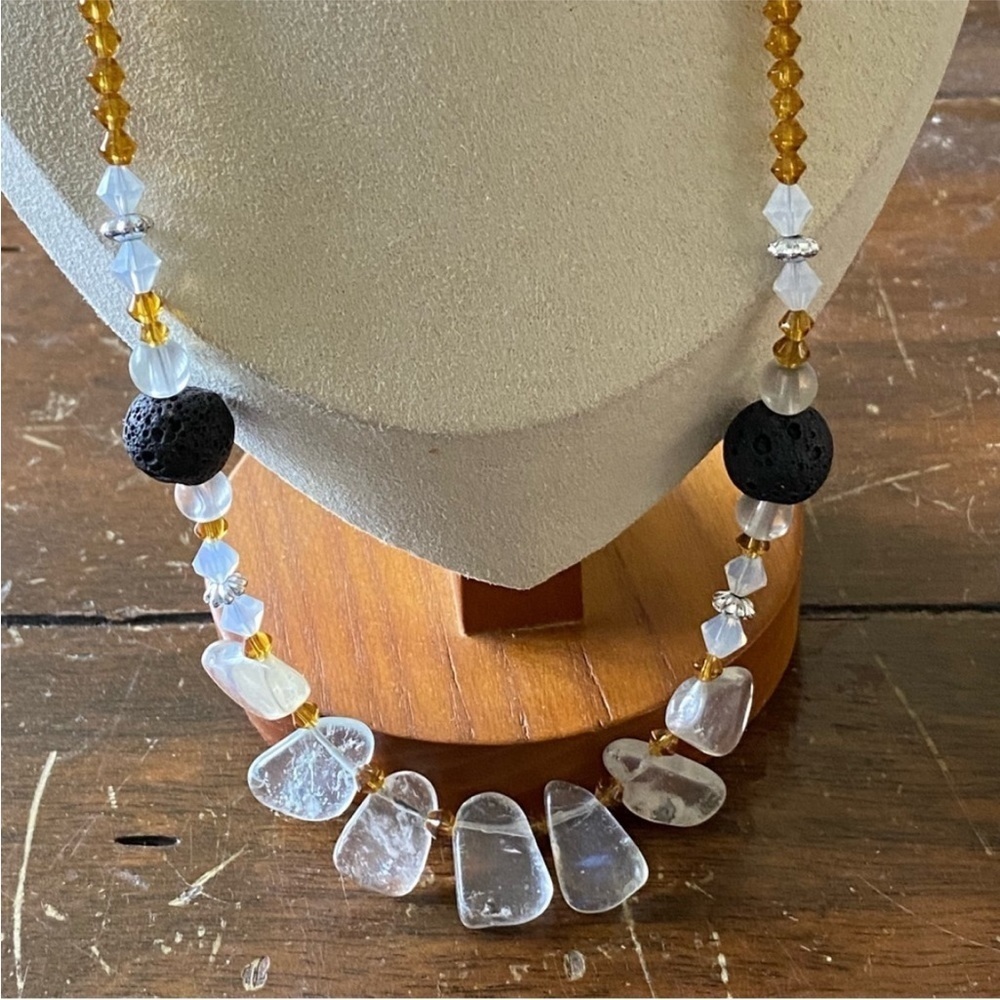 Quartz sea glass necklace pendant with coal beads